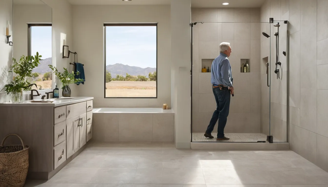 Provider measuring a bathroom with a low-entry walk-in shower in a San Jacinto home