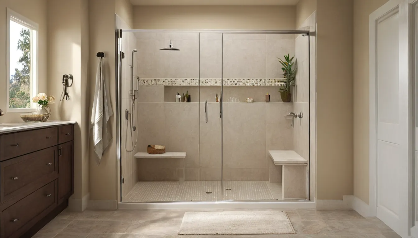Bright, modern walk-in shower with a bench and grab bar in a home in San Jacinto