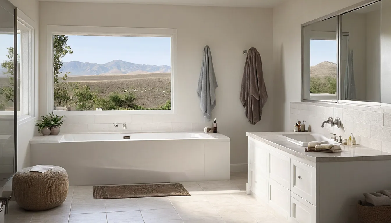 Smiling homeowner sitting beside a walk-in tub in a bright bathroom in a San Jacinto home